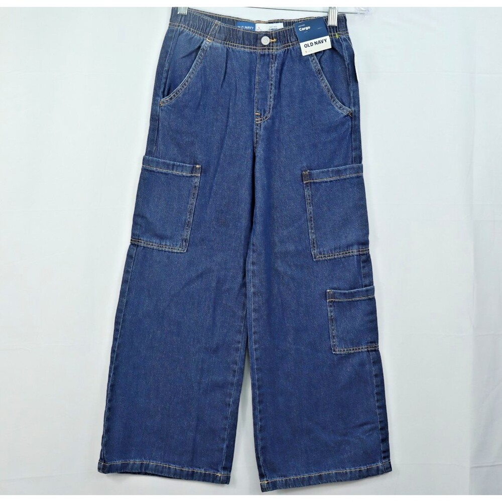 Old Navy Cargo Jeans Kids L Blue Girls Youth High Rise Stretch Wide Leg NEW